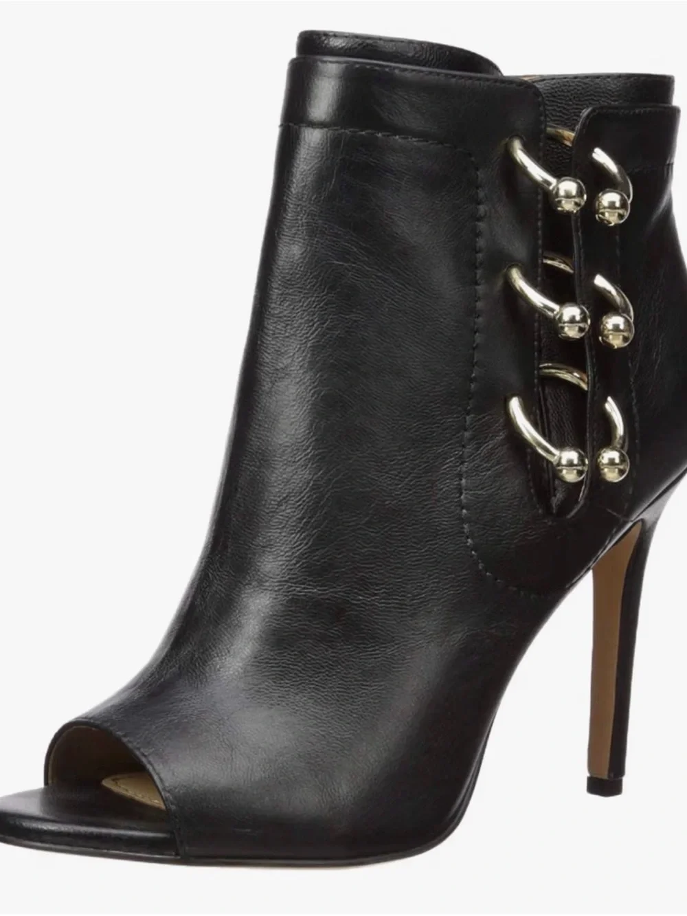 Katy Perry Black Leather Peep-Toe Ankle Boots with Gold Ring detail Sz 10